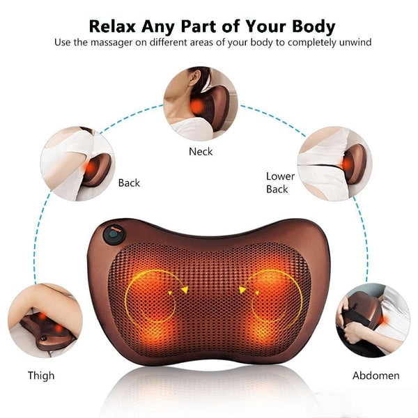 An electric massage pillow shown on a white background with instructional text and circular inset photos demonstrating use on the neck, back, lower back, thigh, and abdomen.